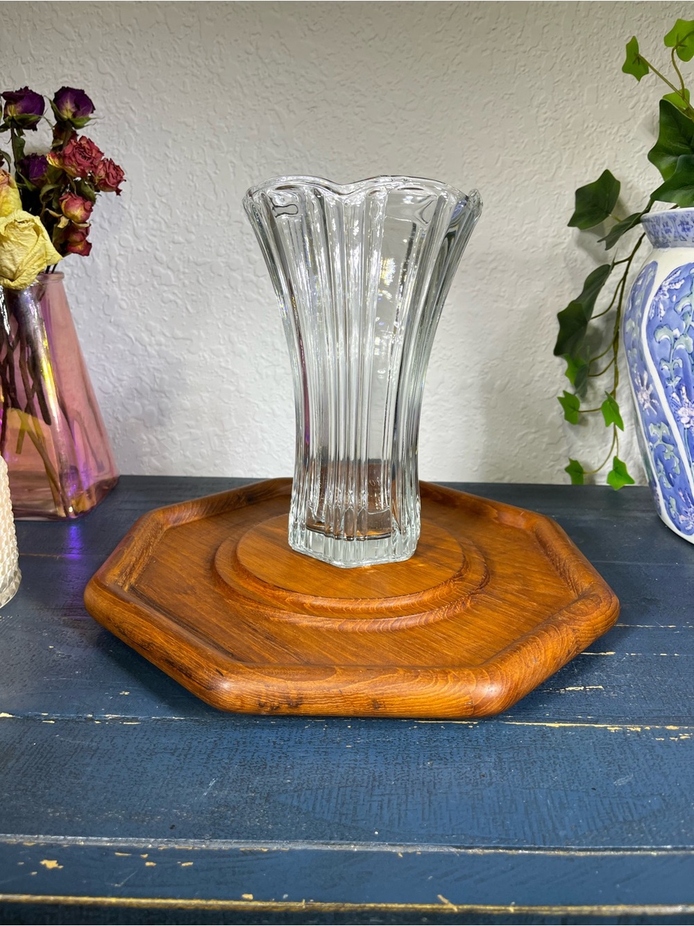 Vintage Anchor Hocking Clear Glass Ribbed Trumpet Vase
